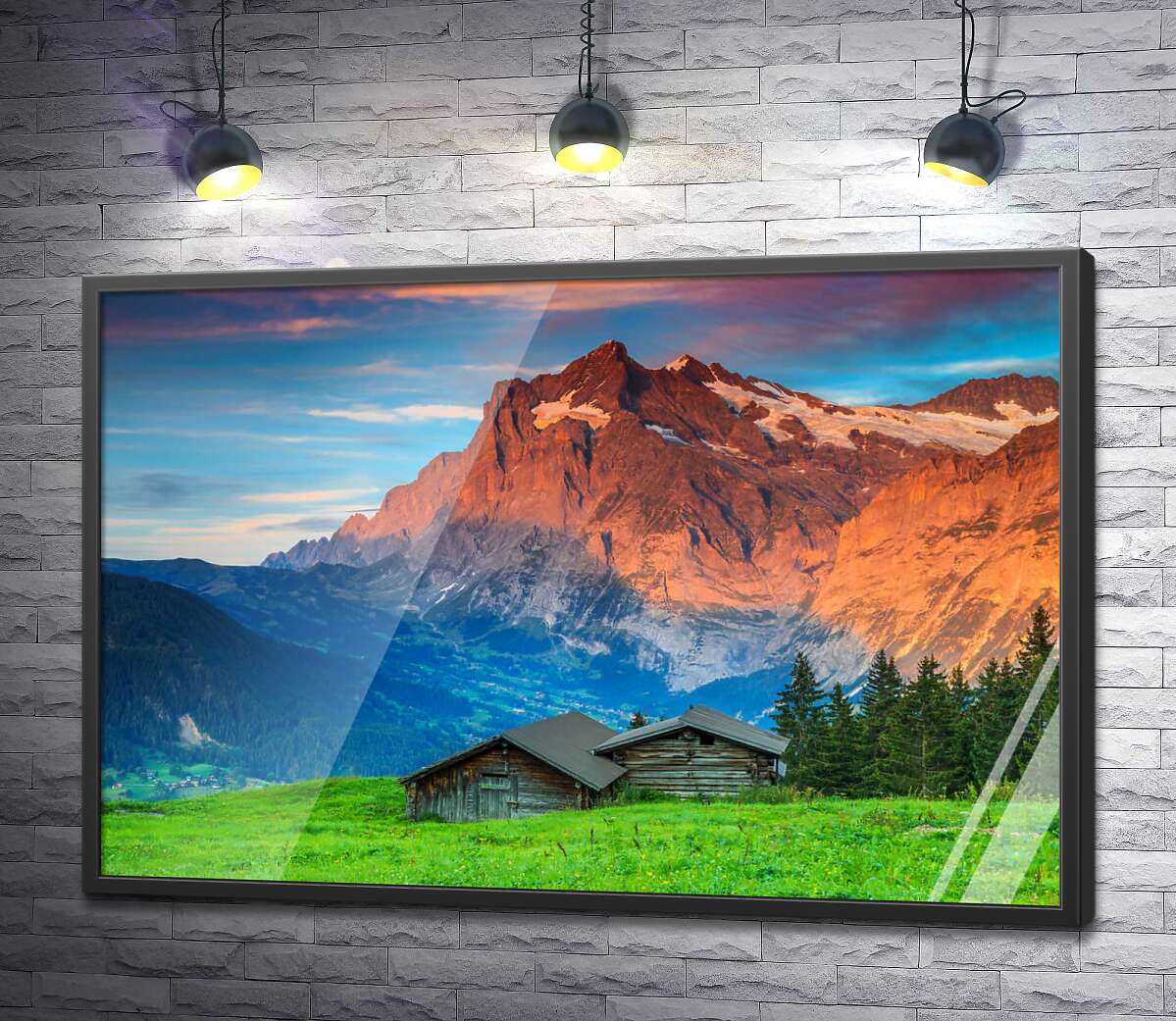 постер Дерев'яні будиночки на тлі вранішніх швейцарських гір