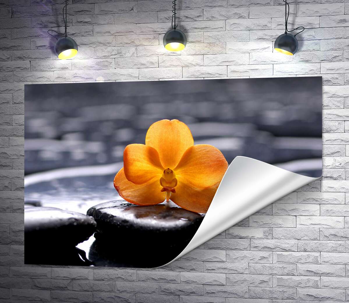 печать Желтый цветок орхидеи на СПА камнях