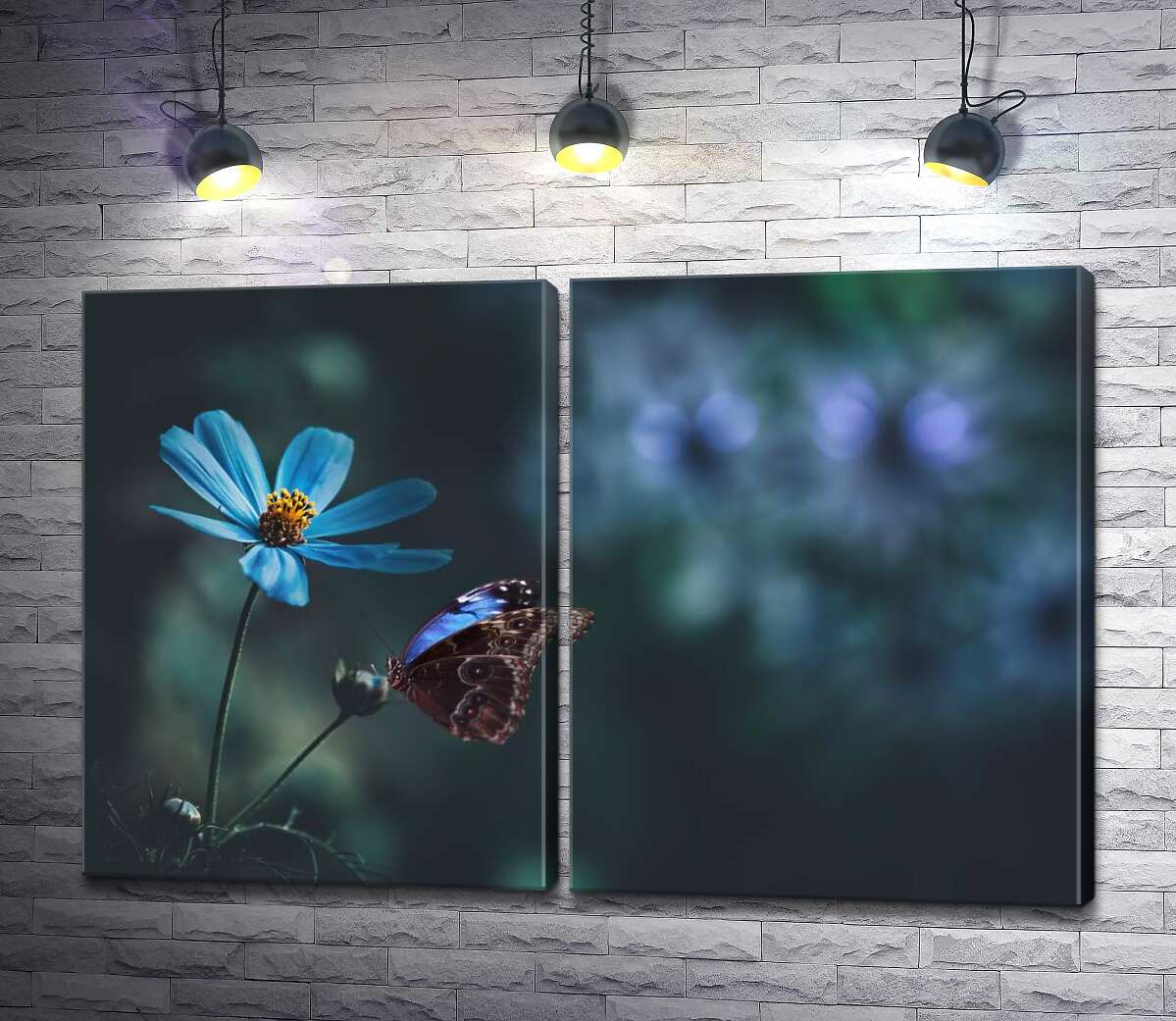 модульная картина Узорная бабочка рядом с синим полевым цветком