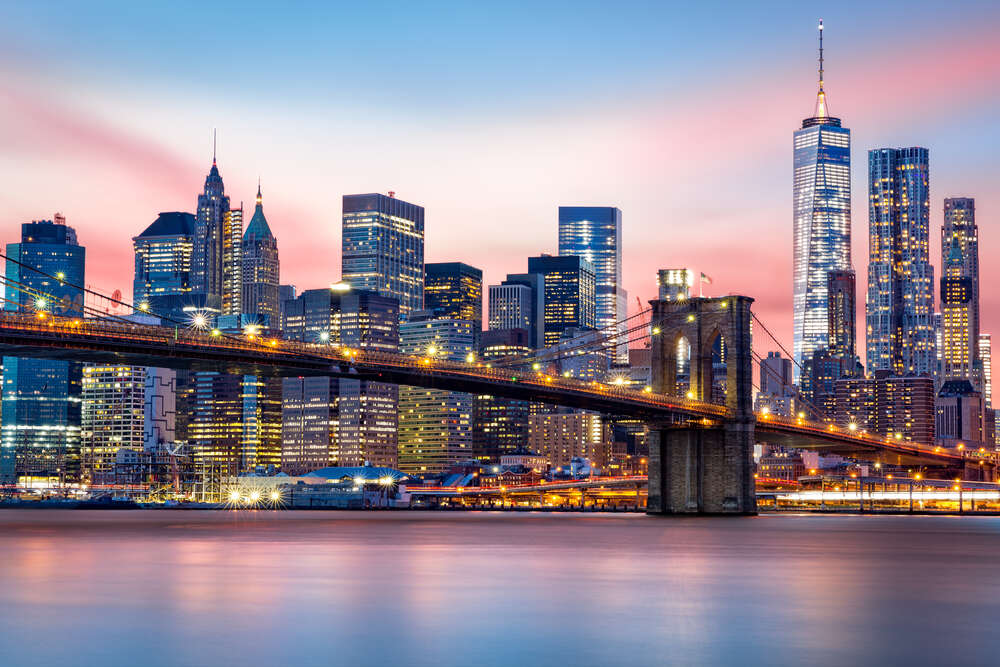 картина-постер Бруклінський міст Нью-Йорка у кольорах заходу сонця