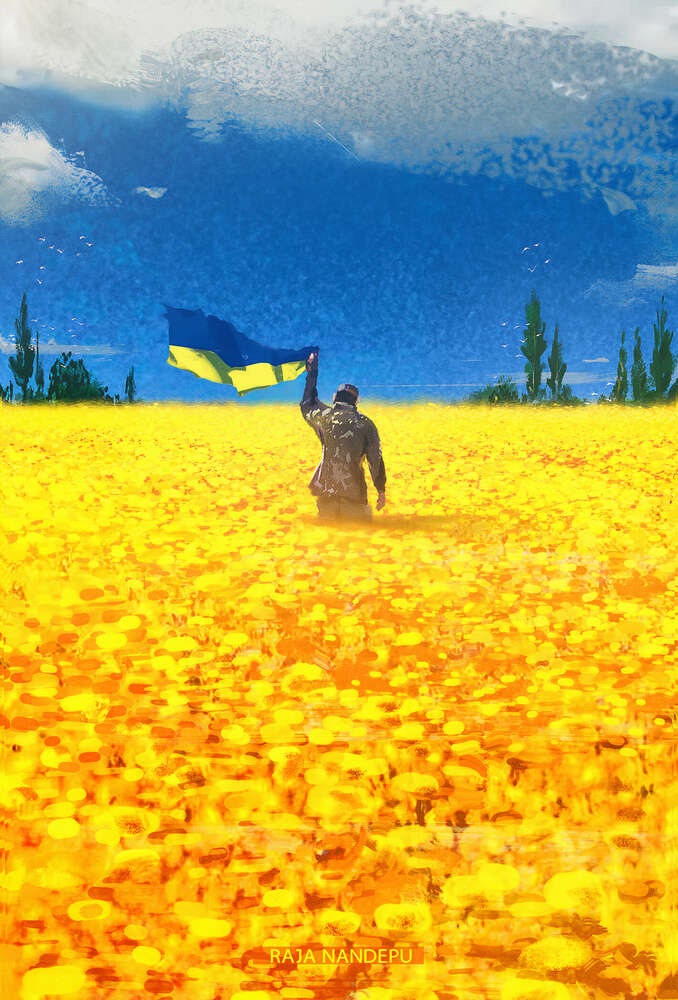 картина-постер Украинский воин с флагом посреди подсолнухов