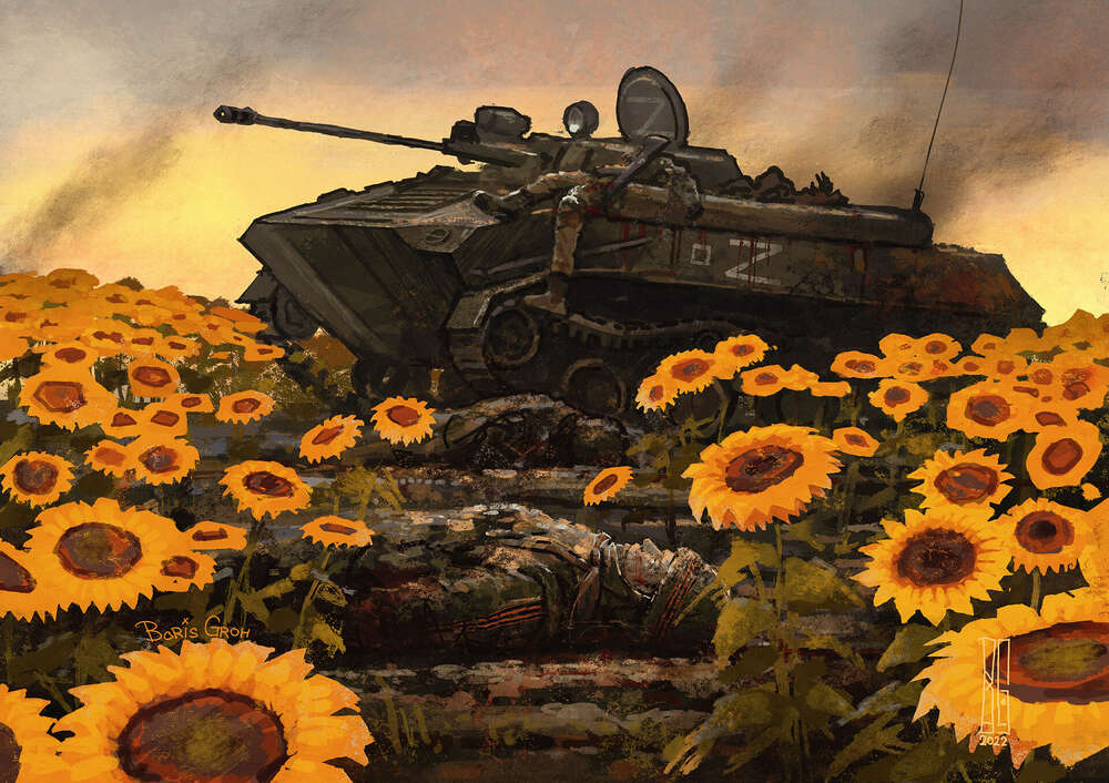 картина-постер Разбитый вражеский танк в украинских подсолнечниках
