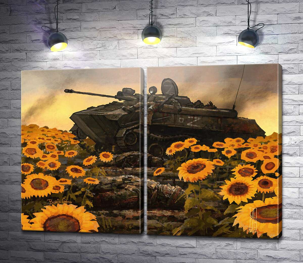 модульная картина Разбитый вражеский танк в украинских подсолнечниках