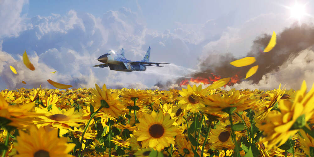 картина-постер Літак ЗСУ мчить над полем соняшників