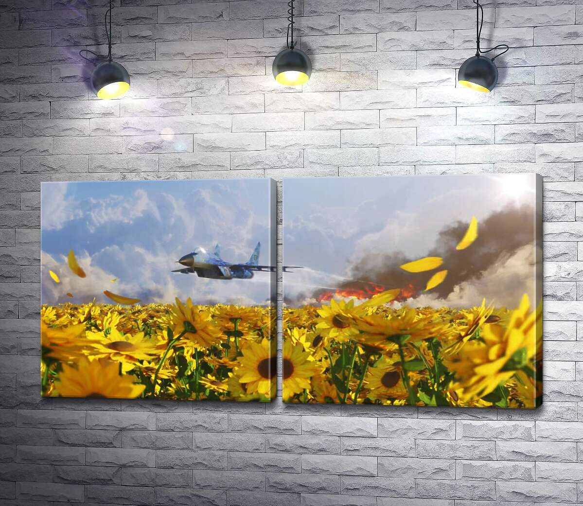 модульна картина Літак ЗСУ мчить над полем соняшників