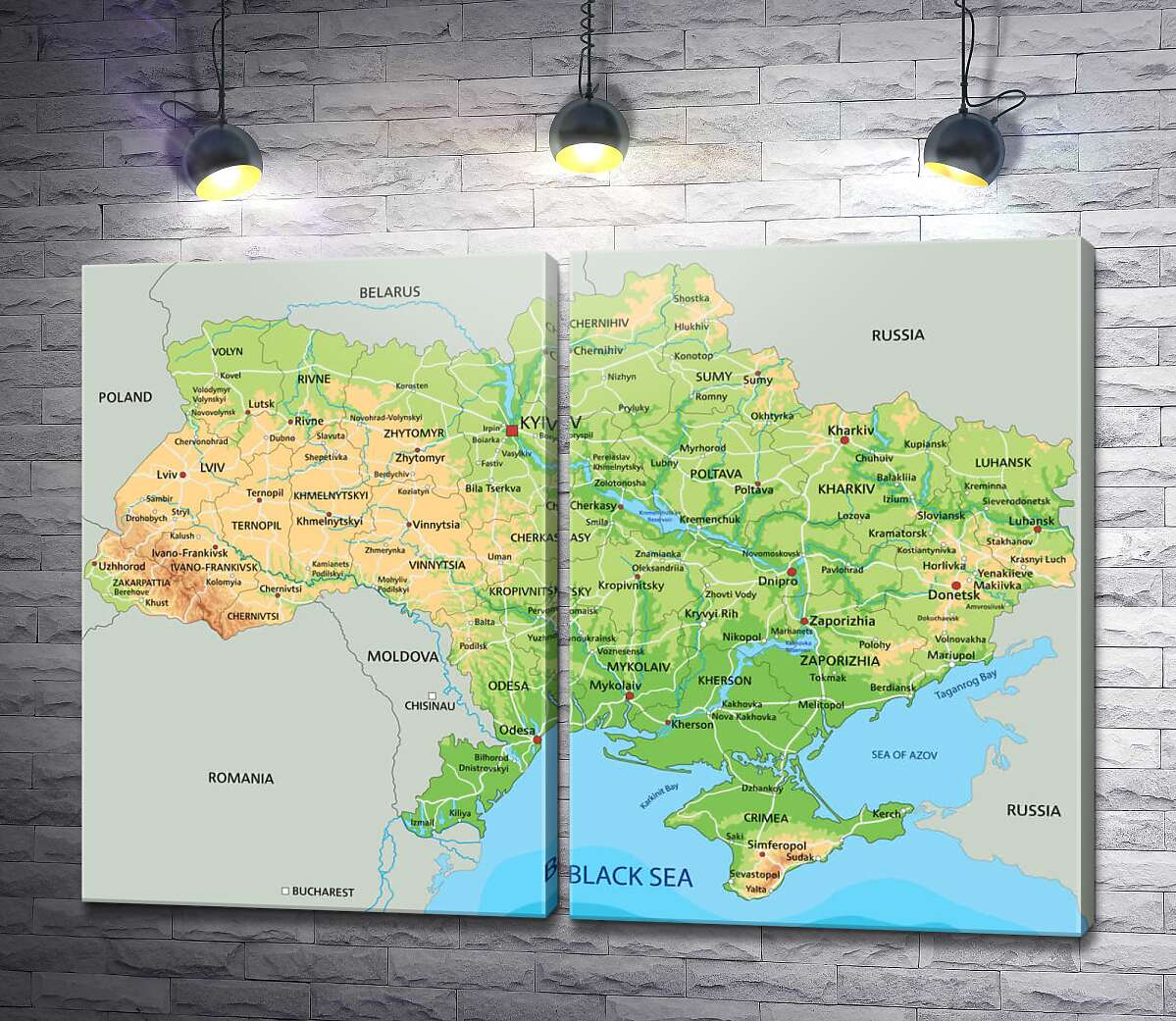 модульная картина Общая физическая карта Украины