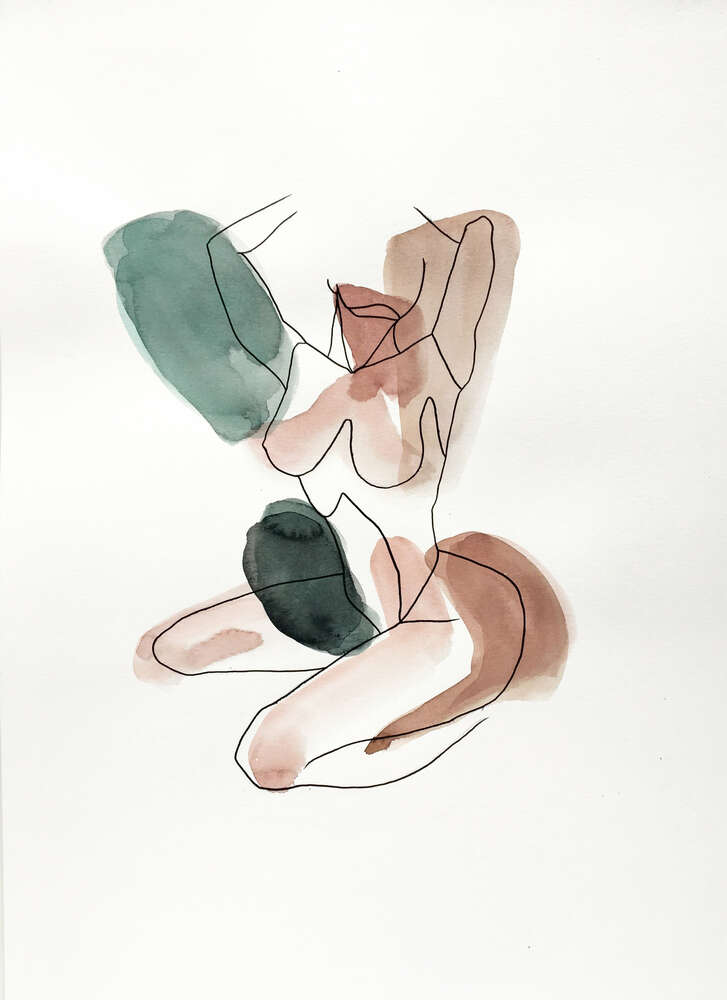 картина-постер Контурный силуэт девушки, акварель