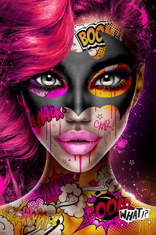 картина-постер Дівчина з рожевим волоссям в масці та наклейках