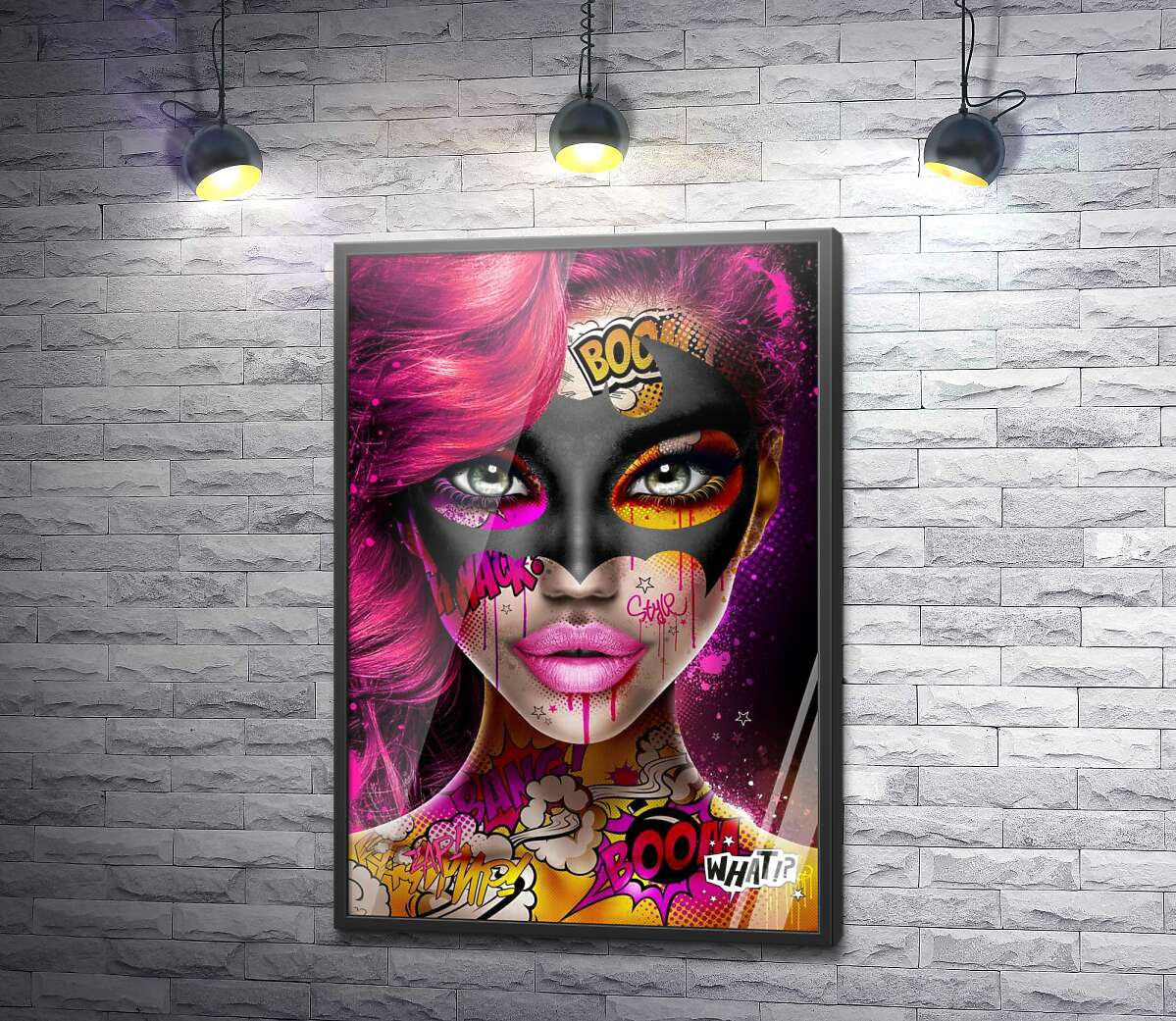 постер Дівчина з рожевим волоссям в масці та наклейках