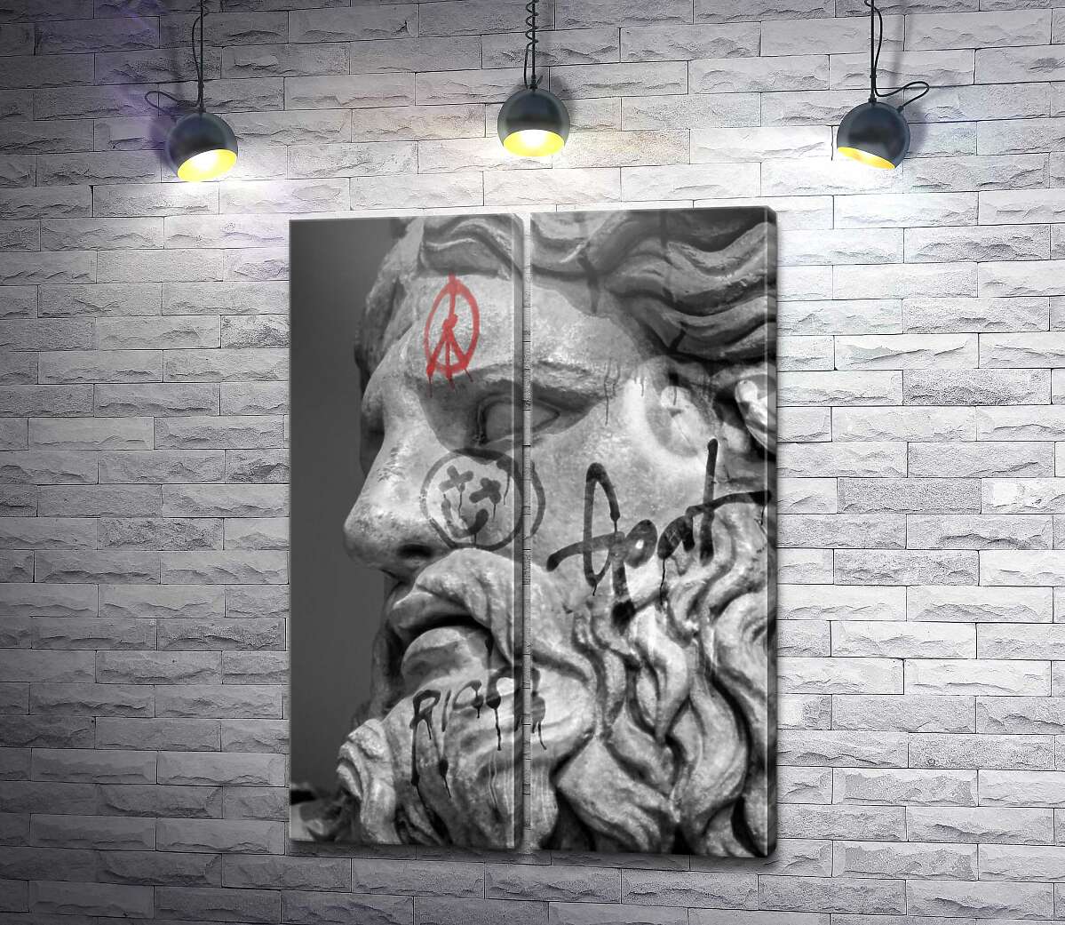модульная картина Голова статуи Зевса с граффити