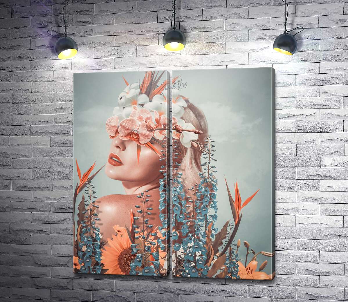 модульна картина Абстрактний образ сексуальної дівчини в помаранчевих квітах