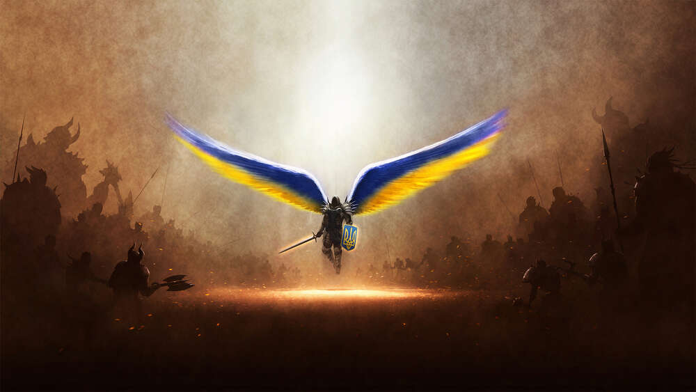 картина-постер Рыцарь ангел-хранитель с украинской символикой против орды