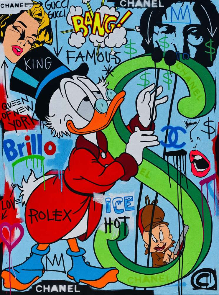 картина-постер Скрудж в поп арт миксе играет на знаке доллара