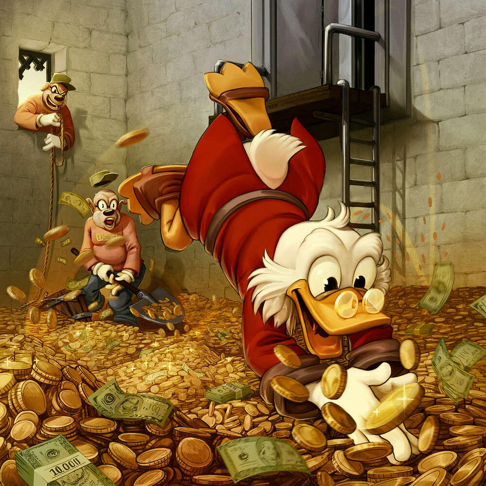 картина-постер Скрудж, ныряющий в монеты