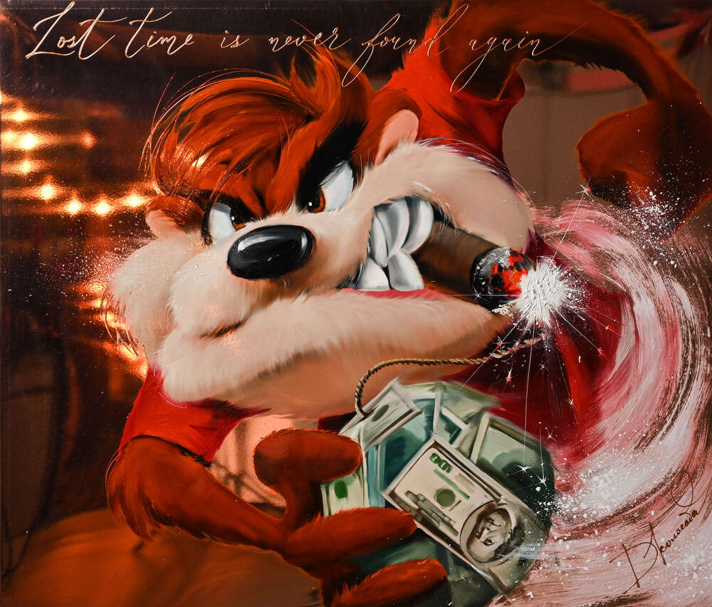 картина-постер Тасманский Дьявол с сигарой и бомбой из долларов