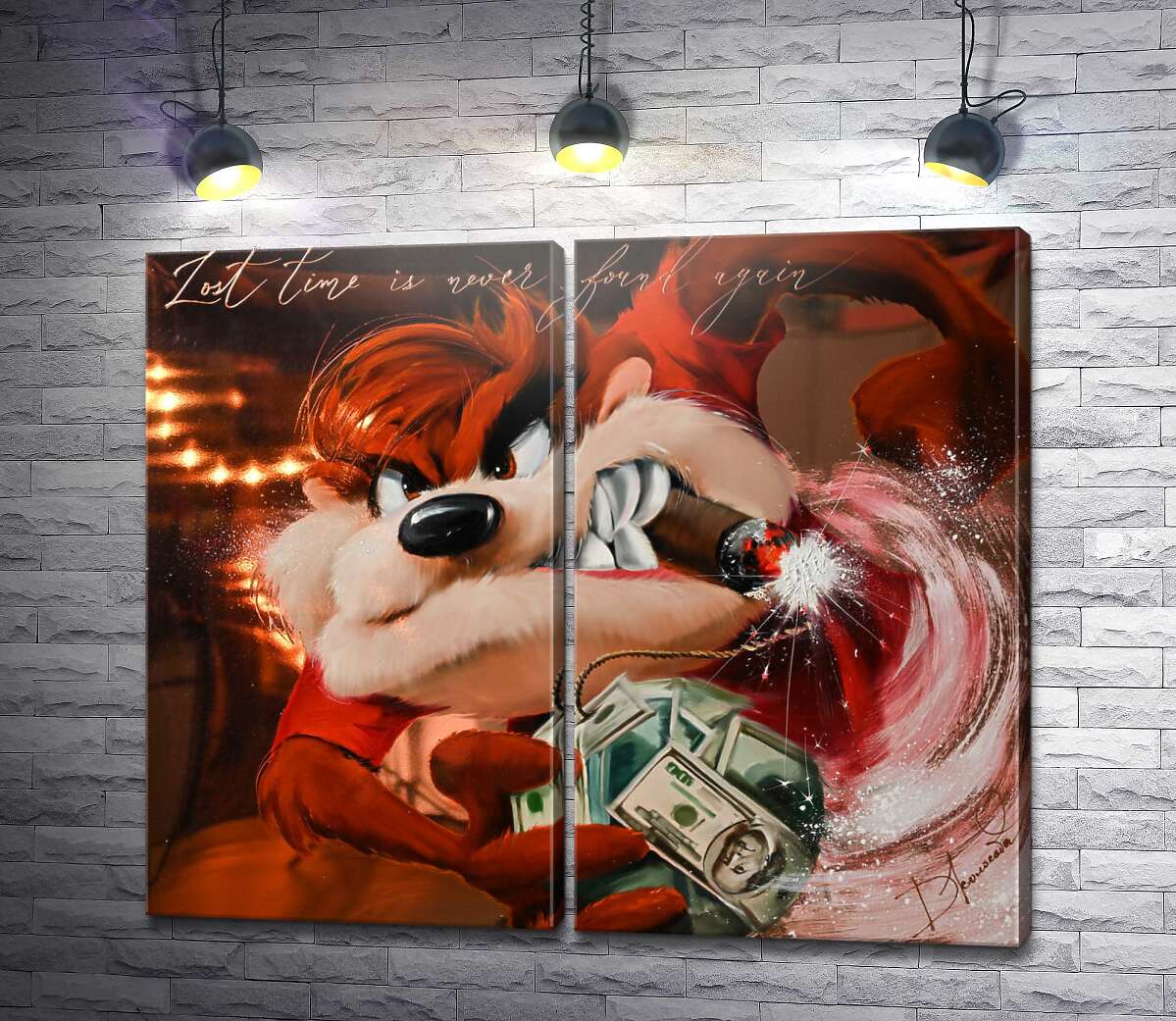 модульная картина Тасманский Дьявол с сигарой и бомбой из долларов