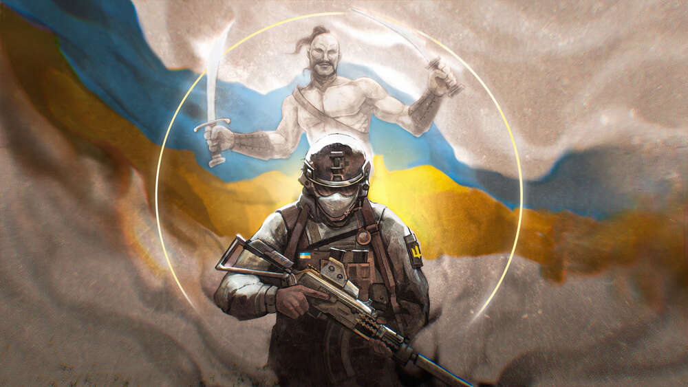 картина-постер Воин и казак на фоне флага Украины