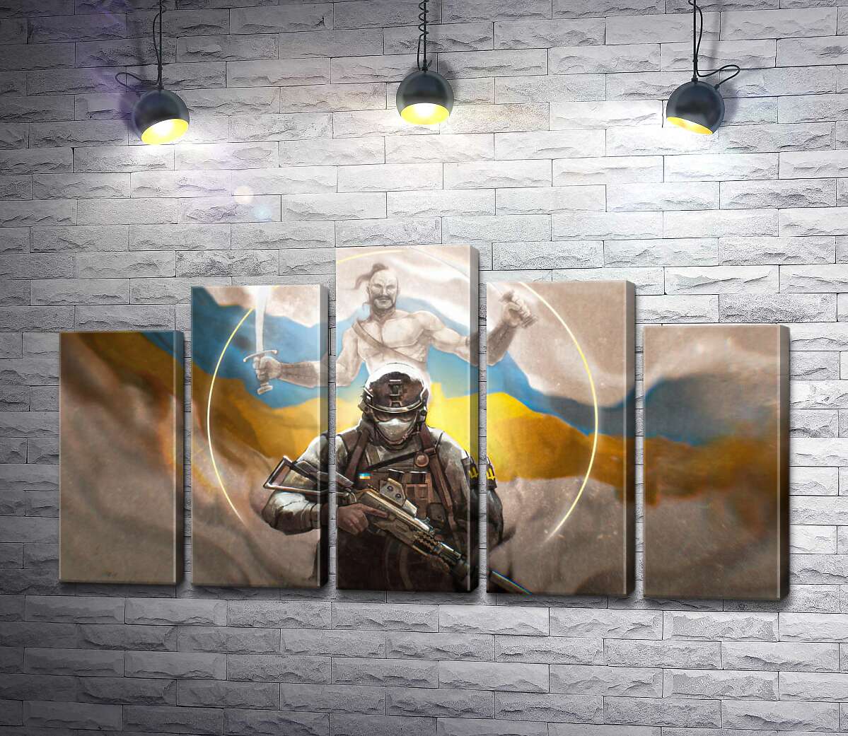 модульная картина Воин и казак на фоне флага Украины (Модуль №29)