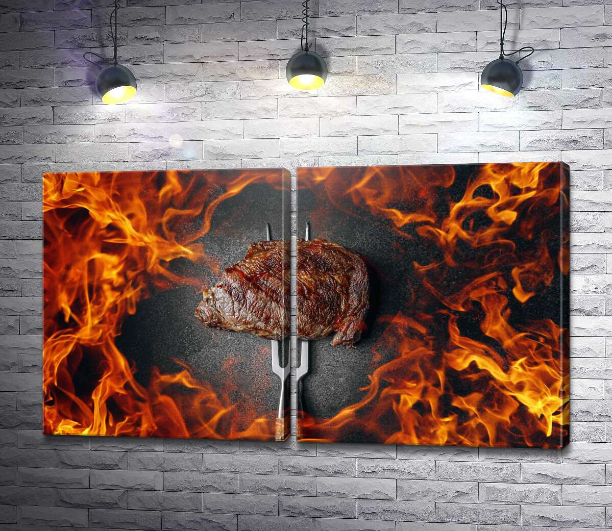 модульная картина Стейк из мраморной говядины в кольце огня