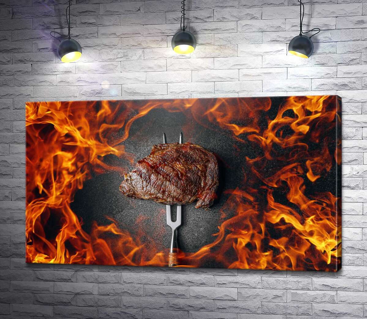 картина Стейк из мраморной говядины в кольце огня