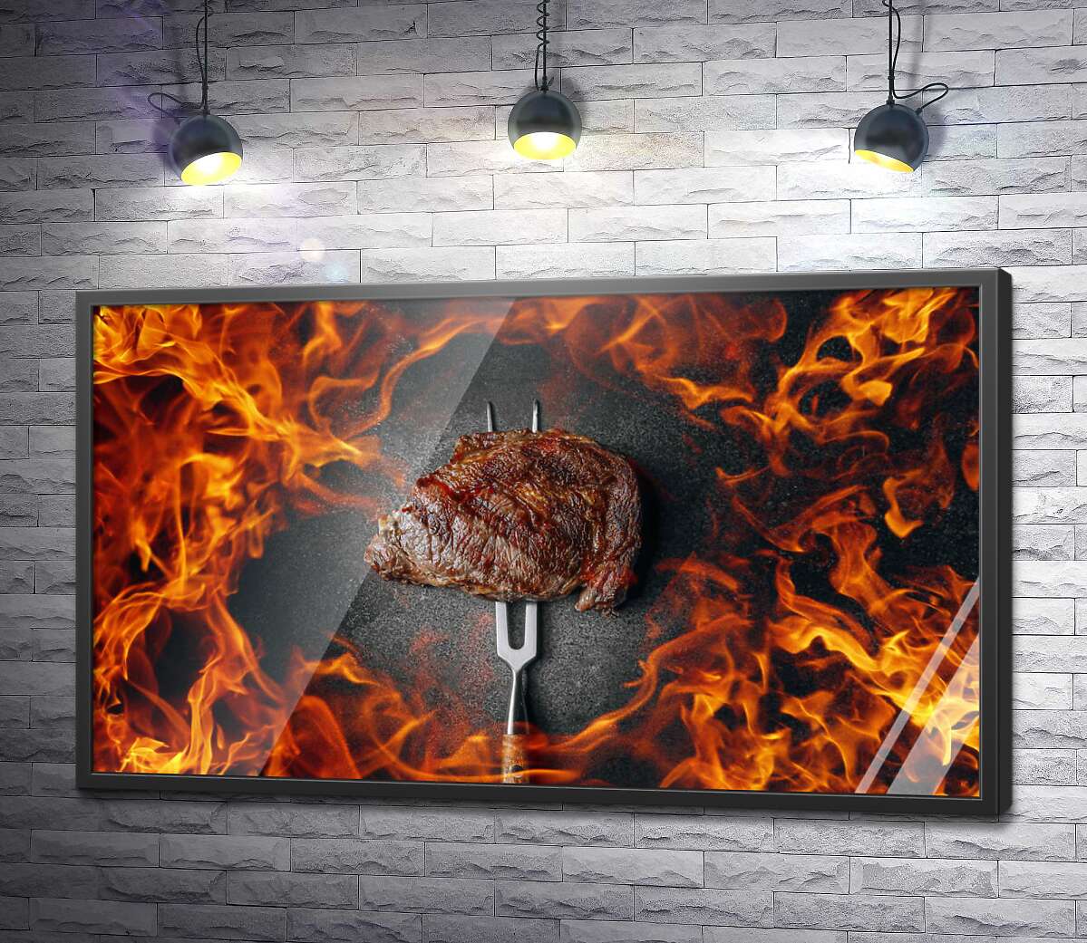 постер Стейк из мраморной говядины в кольце огня