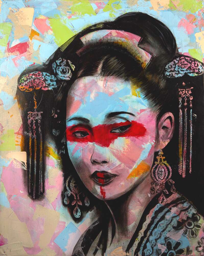 картина-постер Загадочная гейша в ярких пятнах