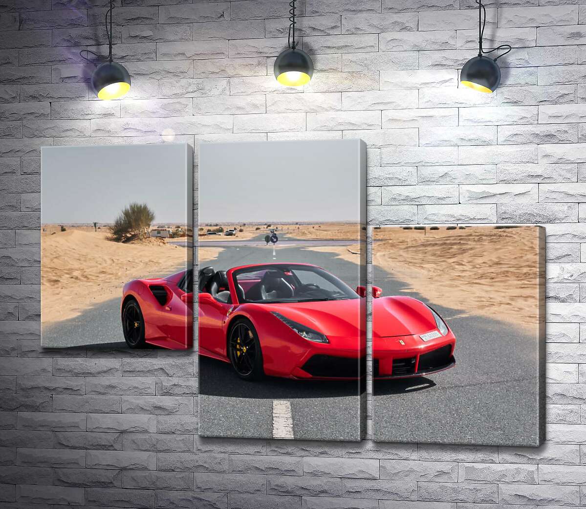модульная картина Красный автомобиль Ferrari 488 Spider на пустынной дороге (Модуль №13)