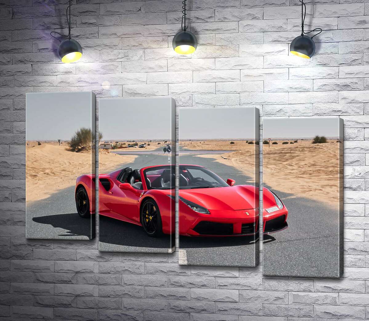 модульна картина Червоний автомобіль Ferrari 488 Spider на пустельній дорозі (Модуль №19)