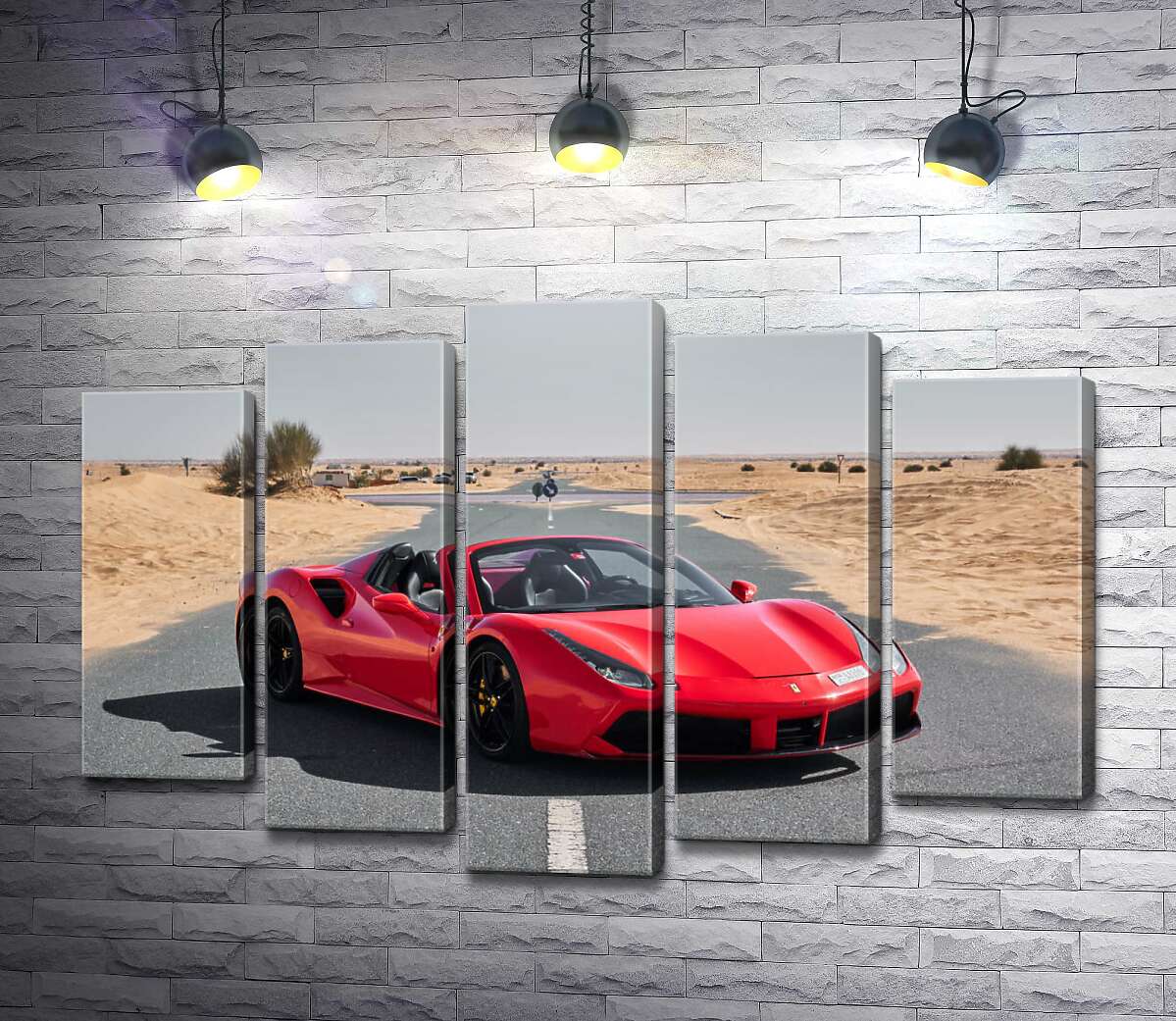 модульная картина Красный автомобиль Ferrari 488 Spider на пустынной дороге (Модуль №4)