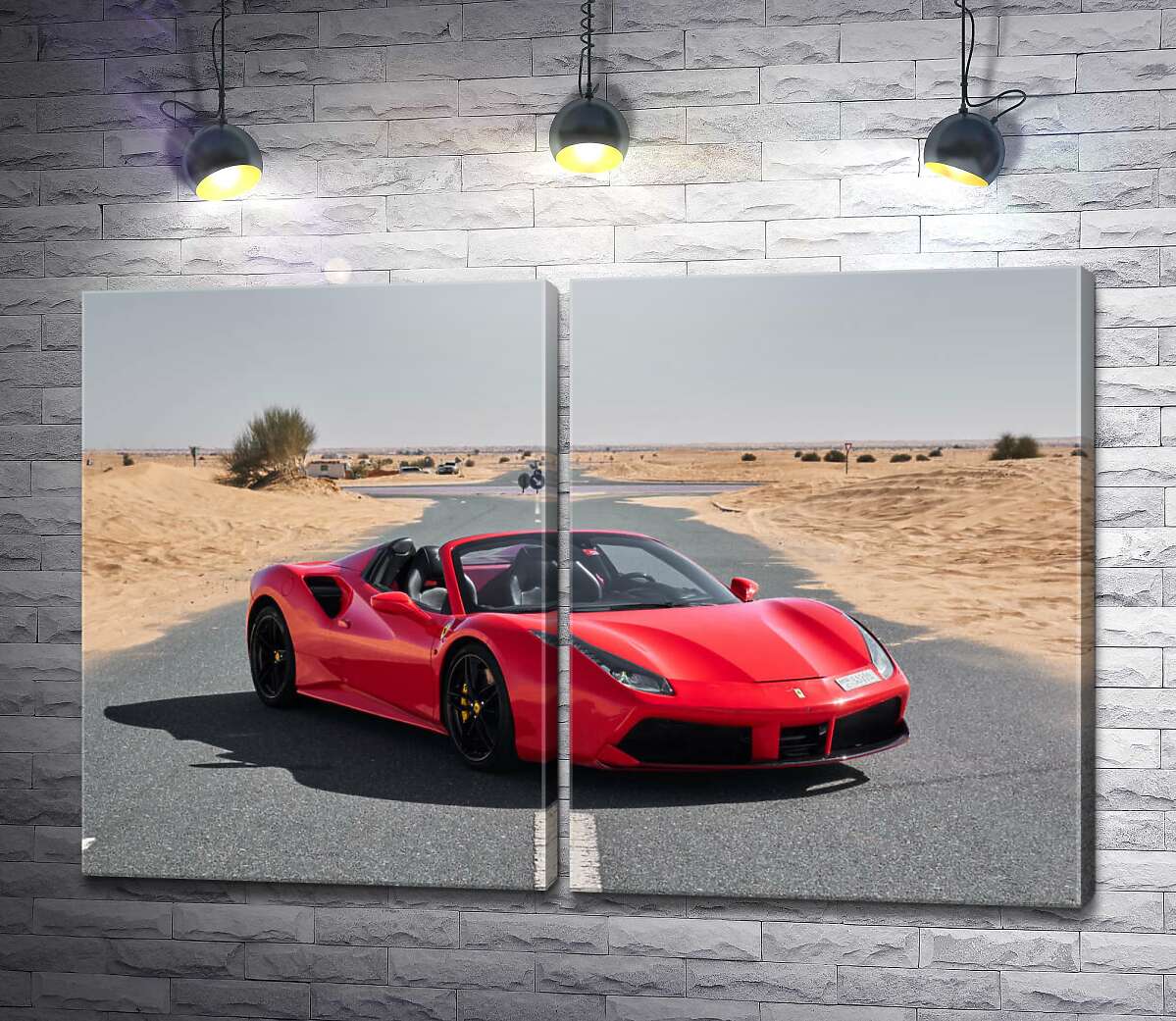 модульная картина Красный автомобиль Ferrari 488 Spider на пустынной дороге