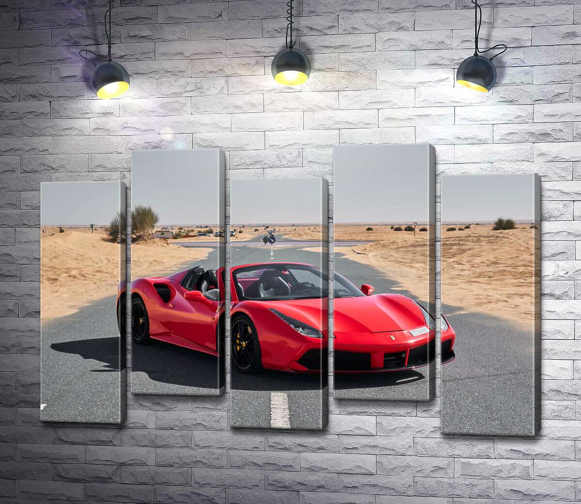 модульная картина Красный автомобиль Ferrari 488 Spider на пустынной дороге (Модуль №30)