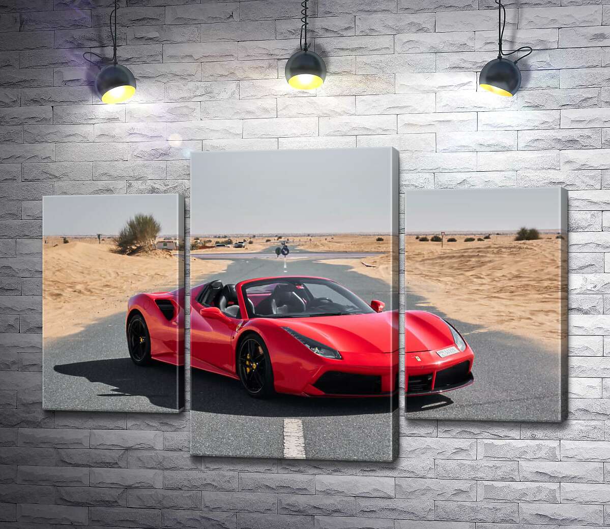 модульная картина Красный автомобиль Ferrari 488 Spider на пустынной дороге (Модуль №10)