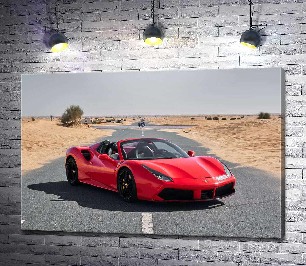 картина Красный автомобиль Ferrari 488 Spider на пустынной дороге
