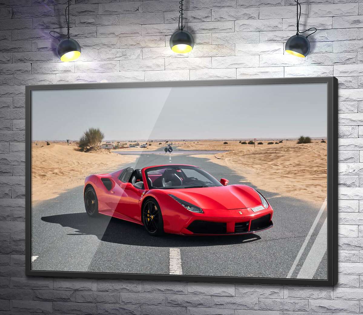 постер Красный автомобиль Ferrari 488 Spider на пустынной дороге