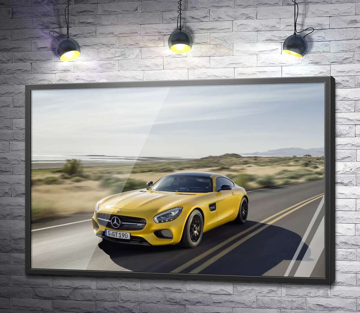 постер Золотой автомобиль Mercedes AMG GT мчит по трассе