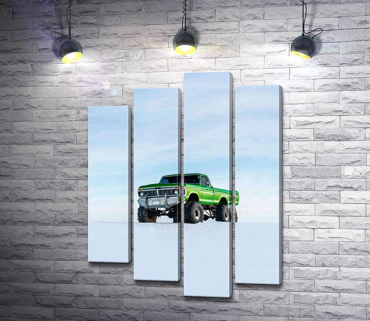 модульна картина Зелений пікап Ford F-Series Monster Truck посеред снігу (Модуль №3)