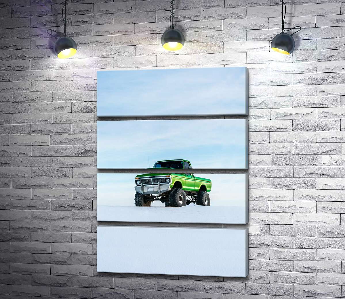 модульная картина Зелёный пикап Ford F-Series Monster Truck посреди снега (Модуль №22)