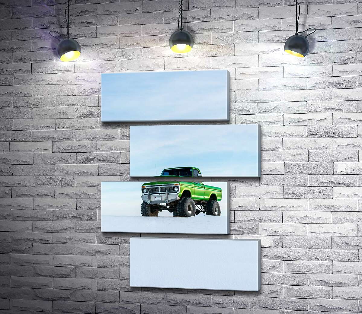 модульна картина Зелений пікап Ford F-Series Monster Truck посеред снігу (Модуль №23)