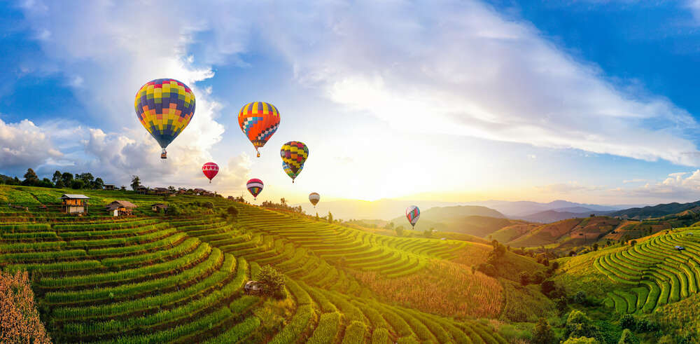 картина-постер Яскраві повітряні кулі пливуть над терасами рисових полів