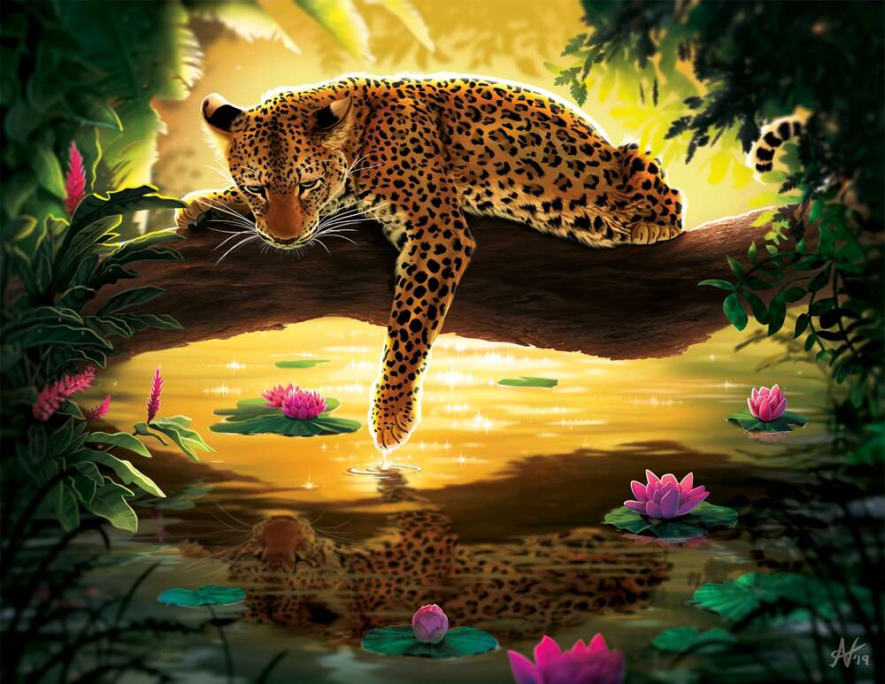 картина-постер Леопард лежит на ветке над водой