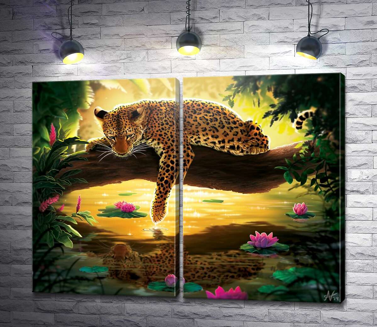 модульная картина Леопард лежит на ветке над водой