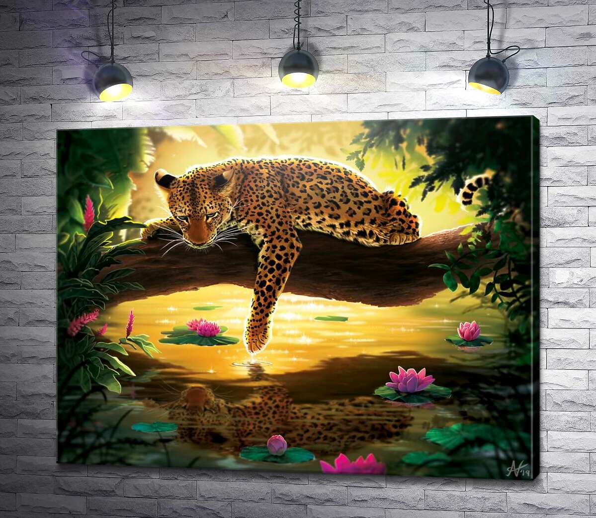 картина Леопард лежить на гілці над водою