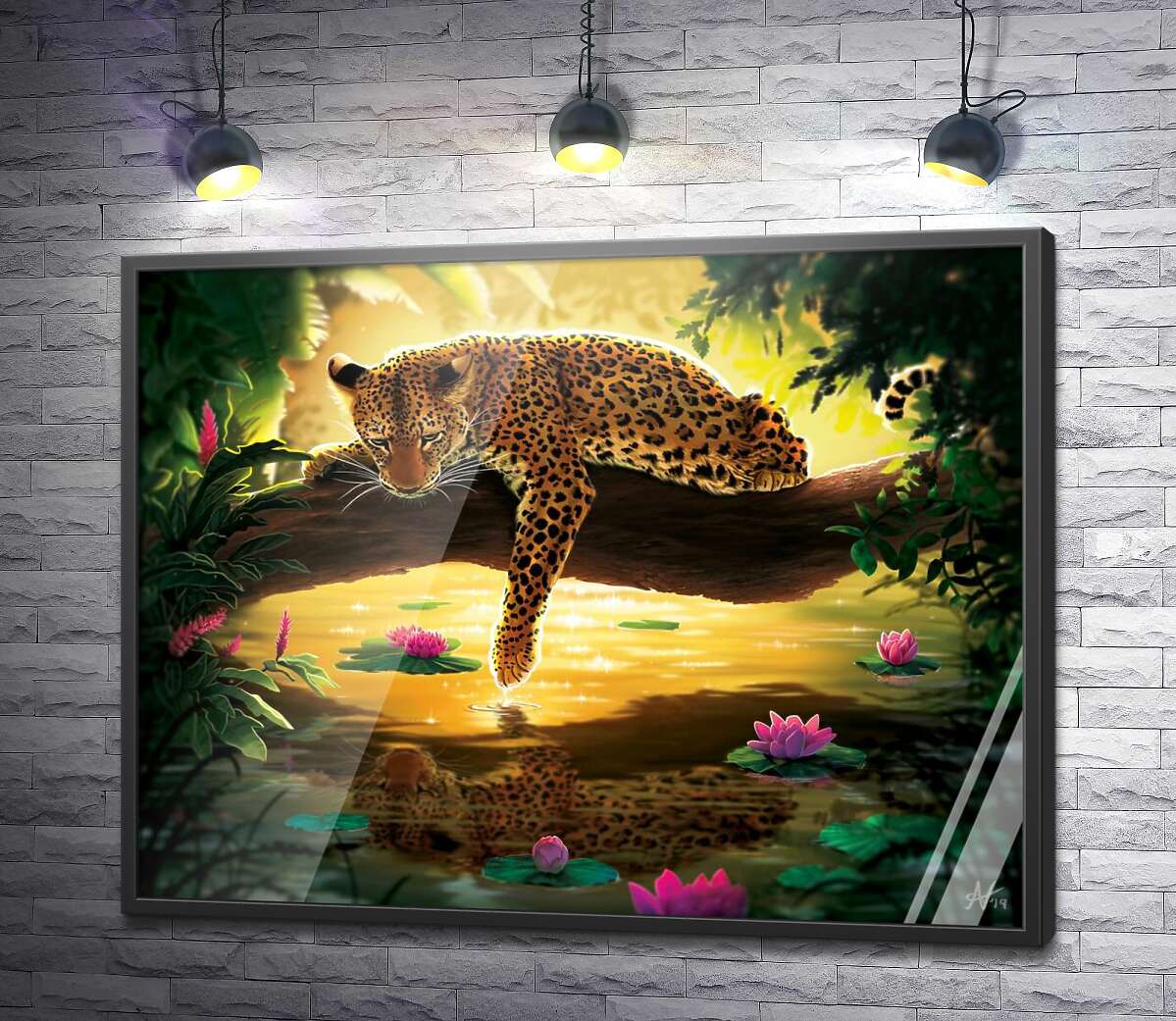 постер Леопард лежит на ветке над водой