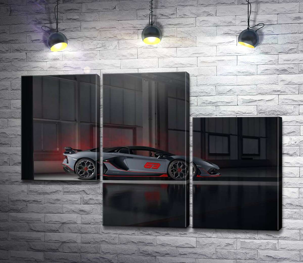 модульная картина Серебристый автомобиль Lamborghini Aventador S 2018 в ангаре (Модуль №13)