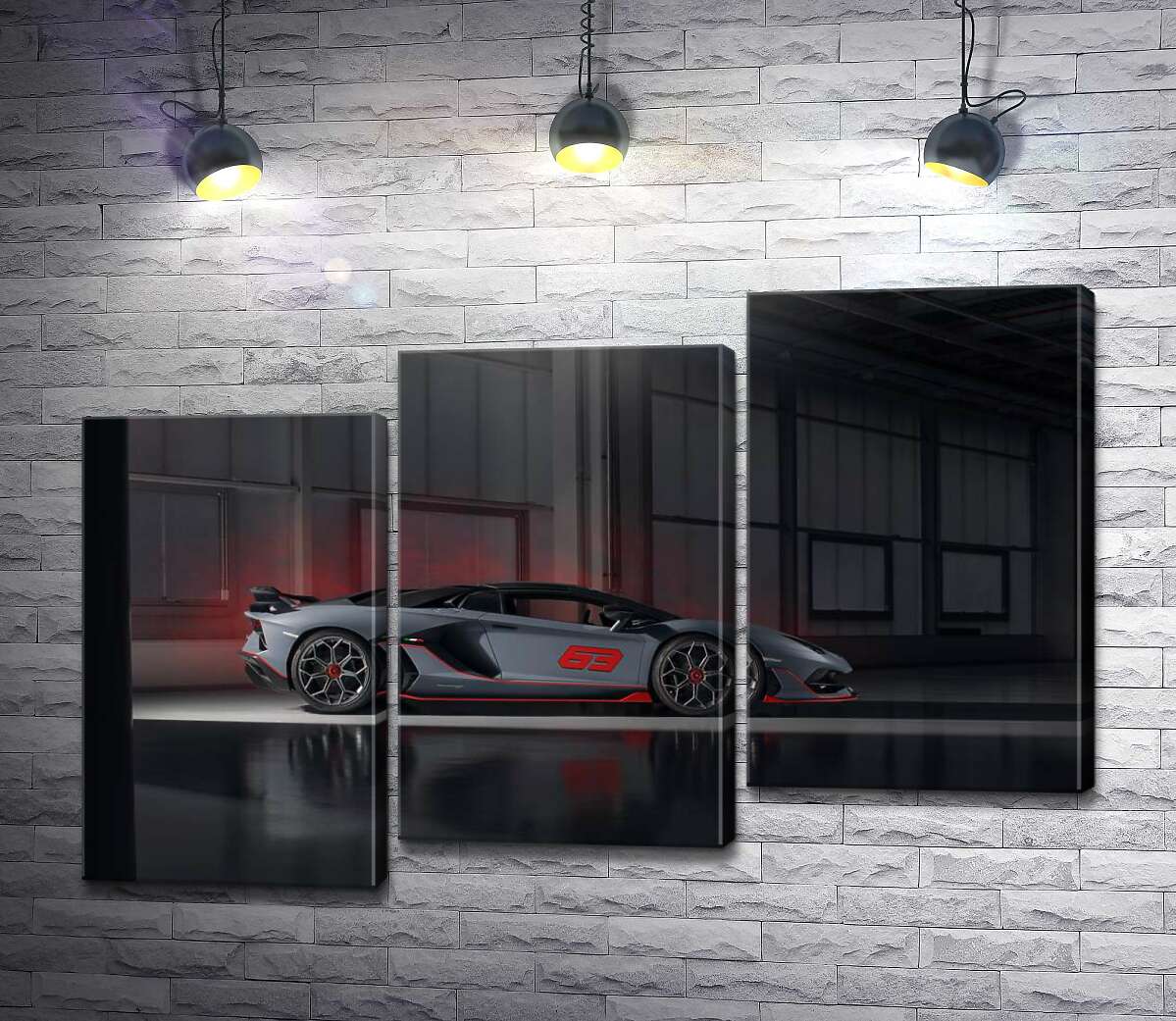 модульна картина Сріблястий автомобіль Lamborghini Aventador S 2018 в ангарі (Модуль №14)