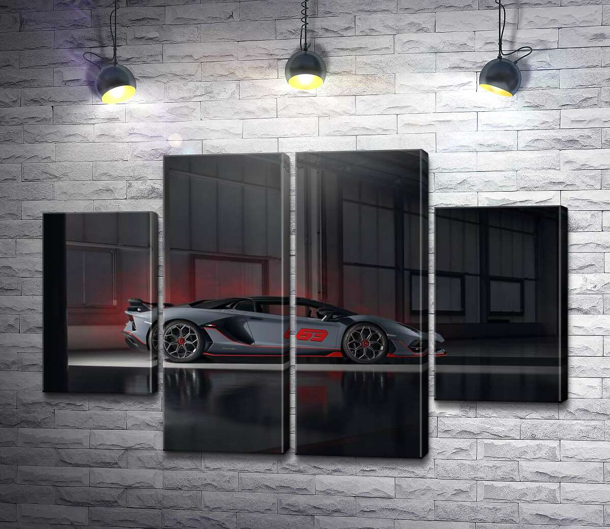 модульна картина Сріблястий автомобіль Lamborghini Aventador S 2018 в ангарі (Модуль №20)