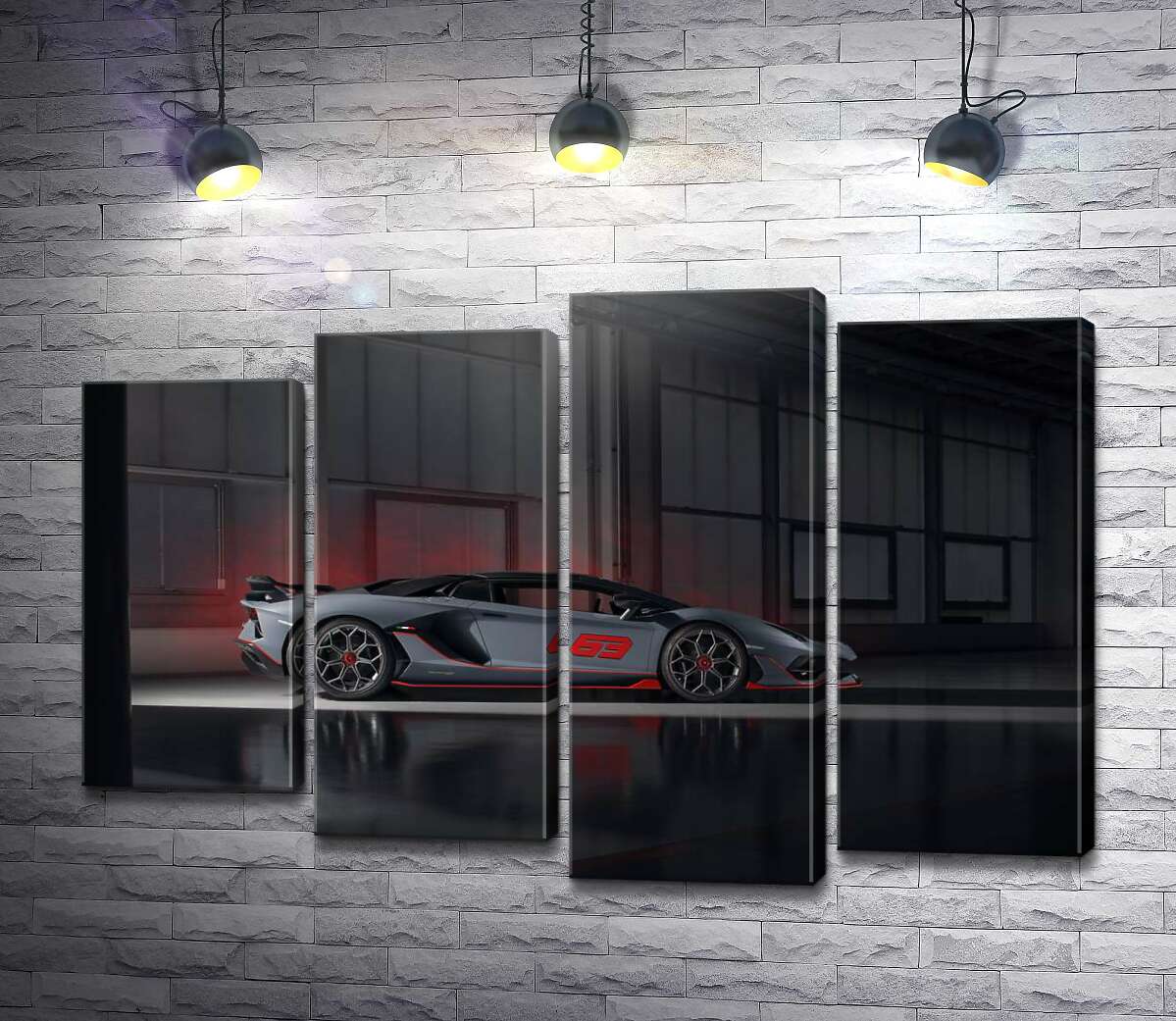 модульная картина Серебристый автомобиль Lamborghini Aventador S 2018 в ангаре (Модуль №3)