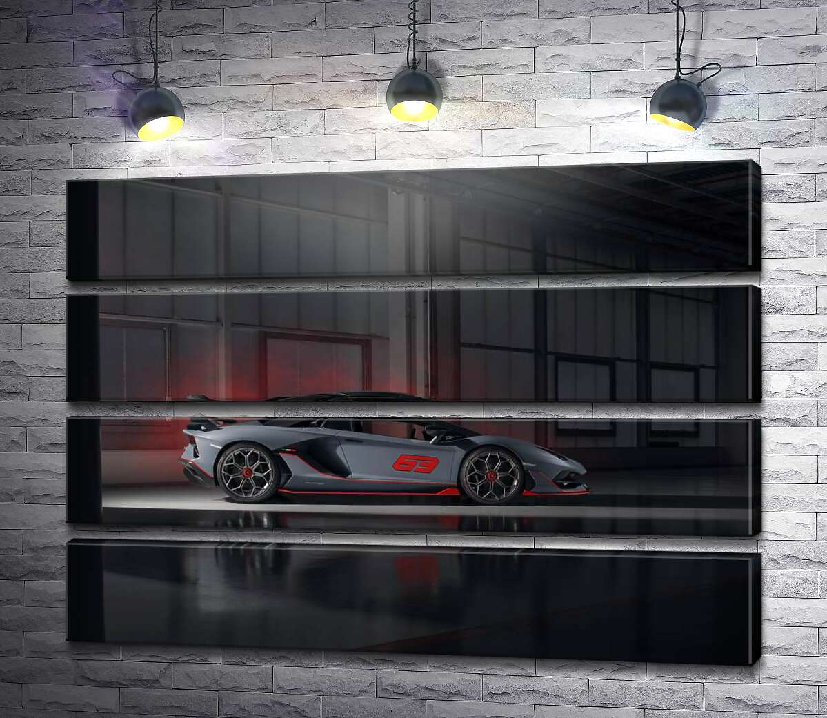модульна картина Сріблястий автомобіль Lamborghini Aventador S 2018 в ангарі (Модуль №22)