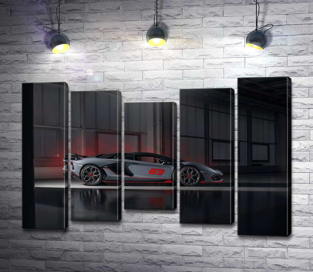 модульна картина Сріблястий автомобіль Lamborghini Aventador S 2018 в ангарі (Модуль №27)