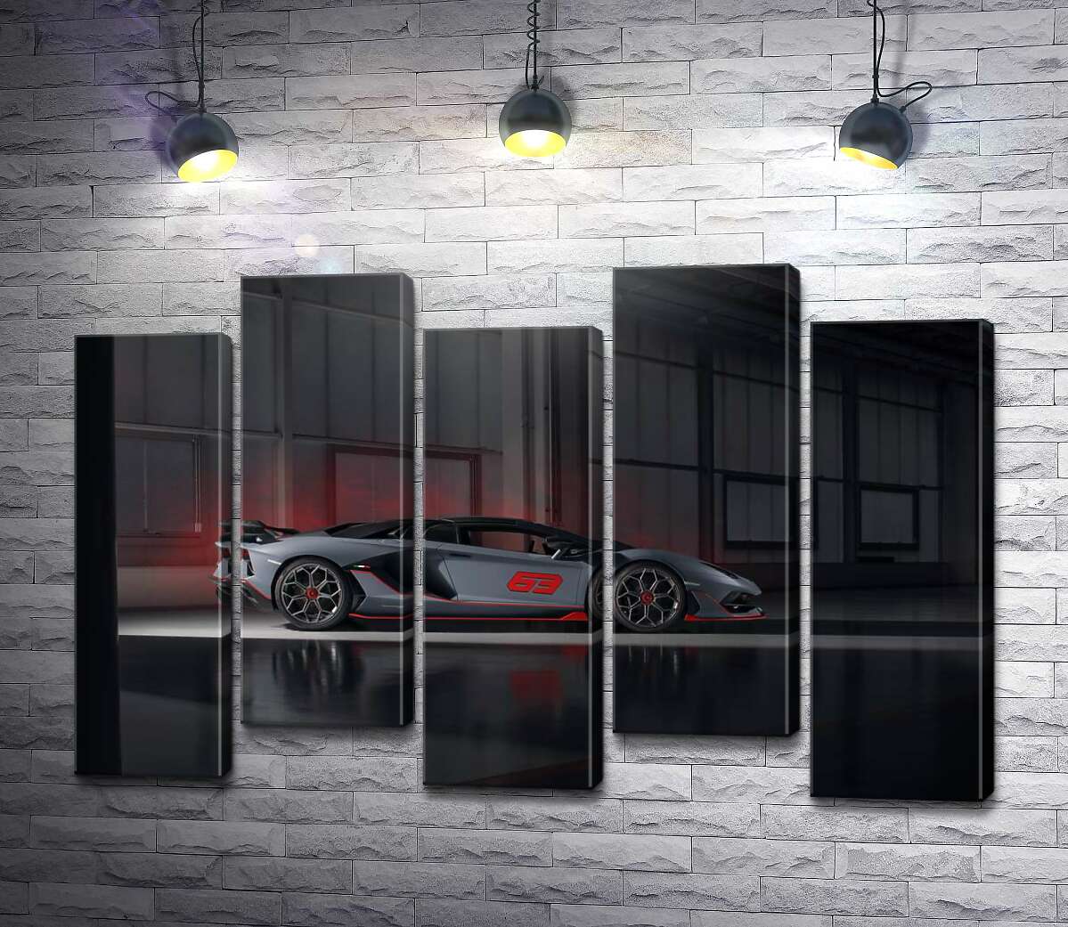 модульна картина Сріблястий автомобіль Lamborghini Aventador S 2018 в ангарі (Модуль №30)